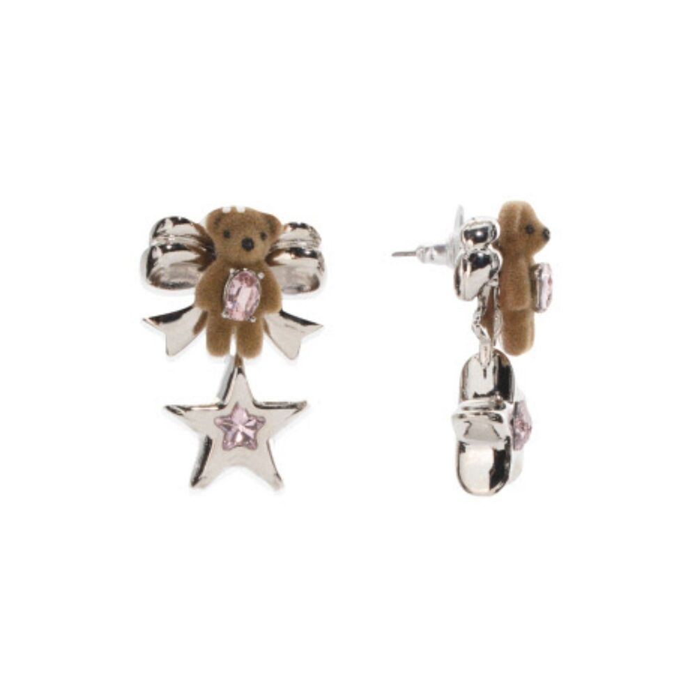 NIB Betsey Johnson Silver Felted Brown Bear Pink Star Drop Earrings